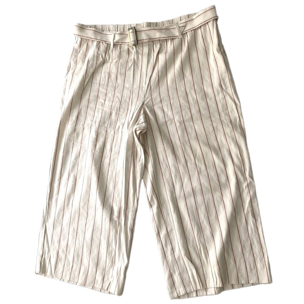 J Jill Pants Women XL Petite White Striped Linen Stretch Crop Wide Leg Belt EUC